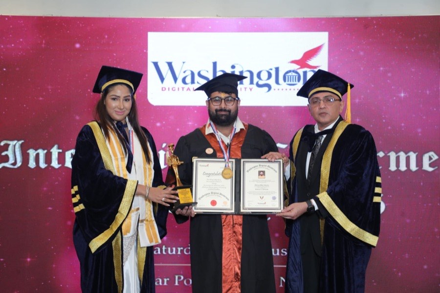Dr. Acharya Uday Cheema Ji receiving his doctorate on stage